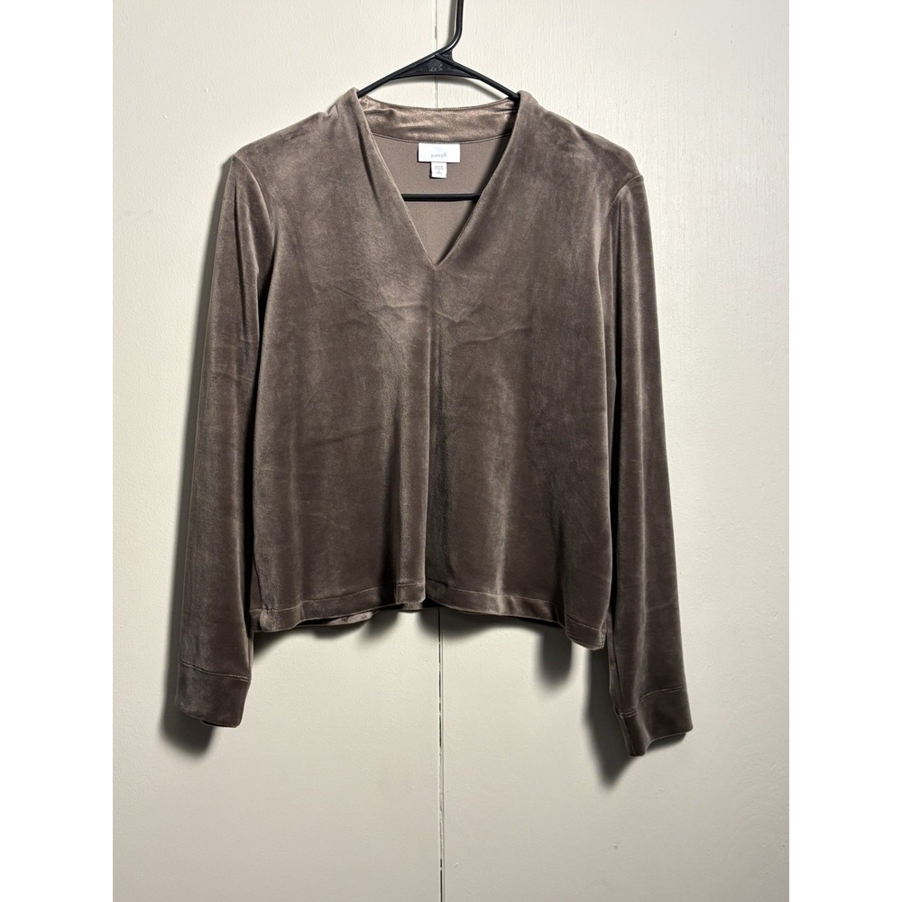 Pure Jill Velvet Velour V-Neck Top M Petite Brown Long Sleeve Soft Stretch